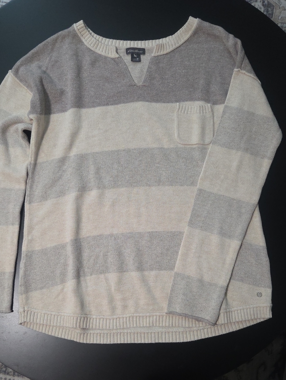Eddie Bauer Striped Crewneck Sweater in Beige and Light Gray
